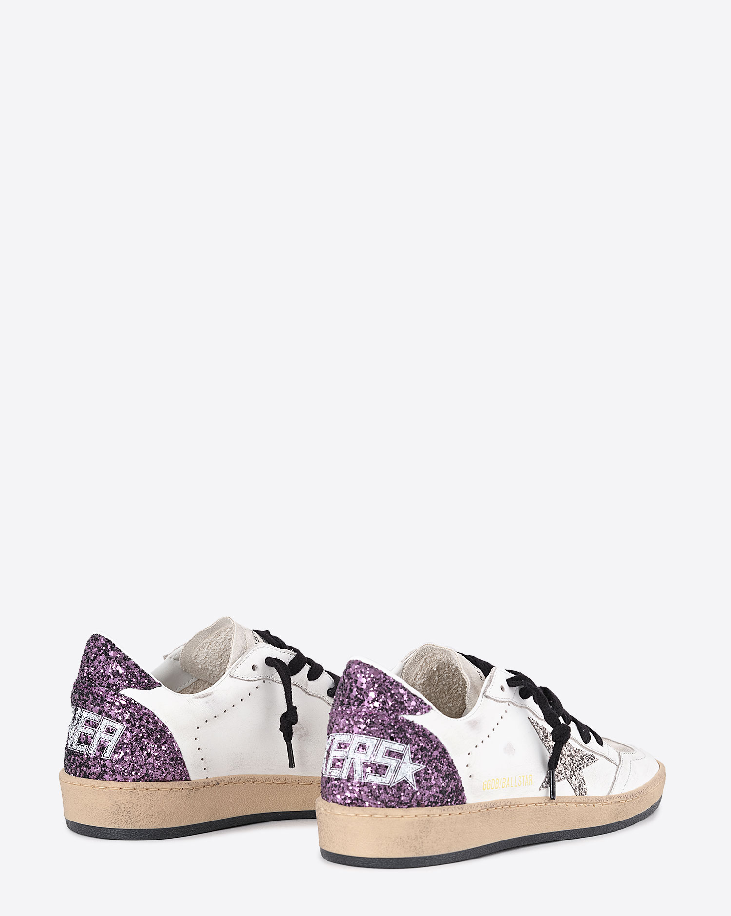 Sneakers Ball Star Golden Goose en cuir Blanc Argent Violet. Vue dos. 