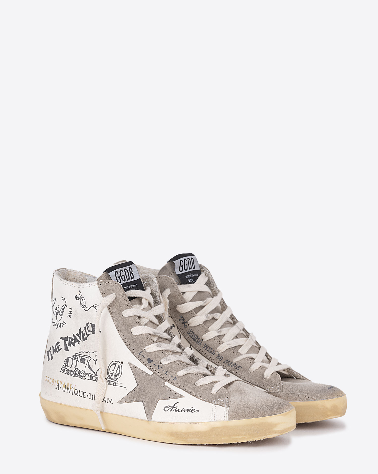 Baskets montantes en cuir blanc et graffiti 81572 Golden Goose femme. Face.