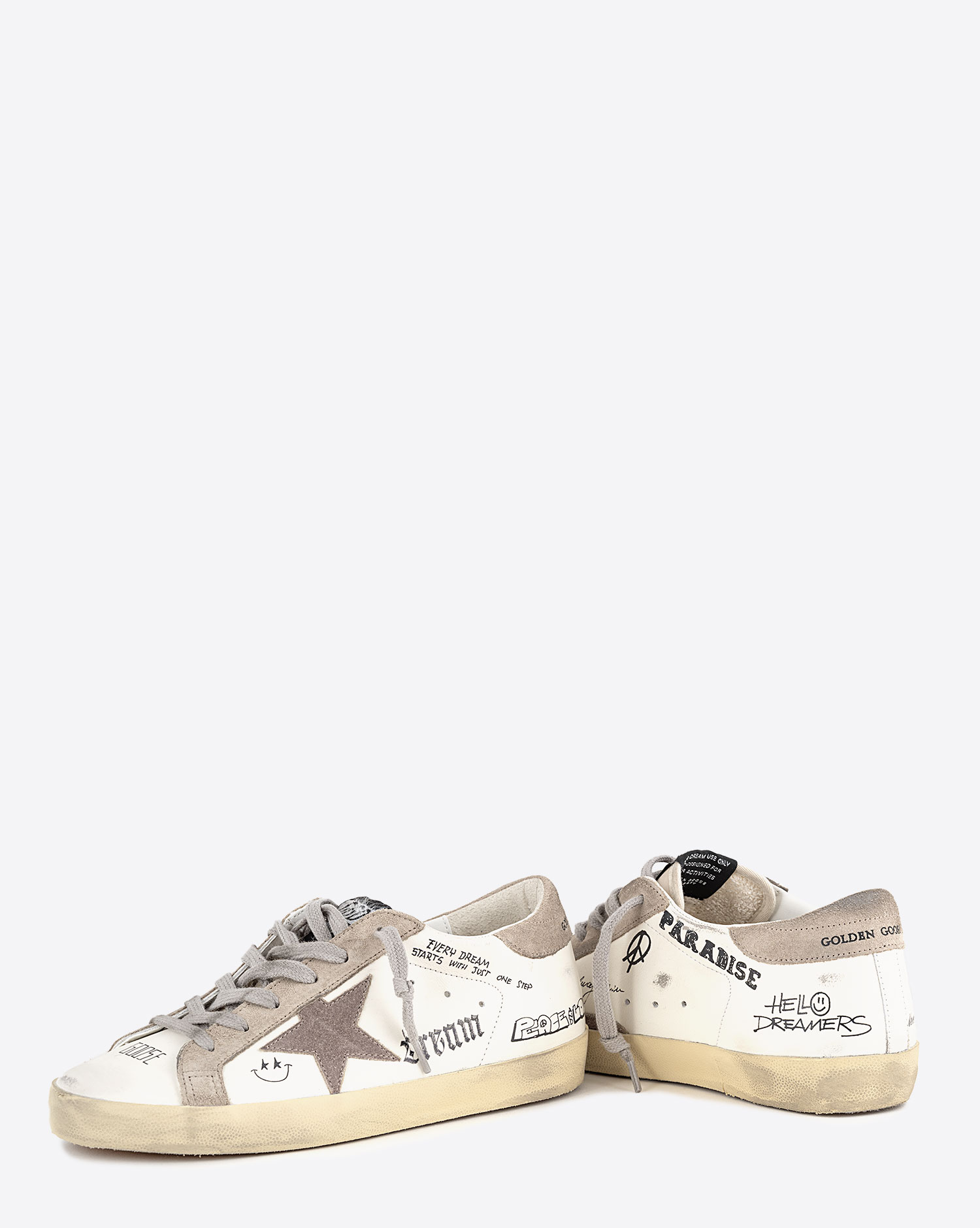 Sneakers Superstar Golden Goose en cuir Blanc Taupe Graphiti. Vue profil. 