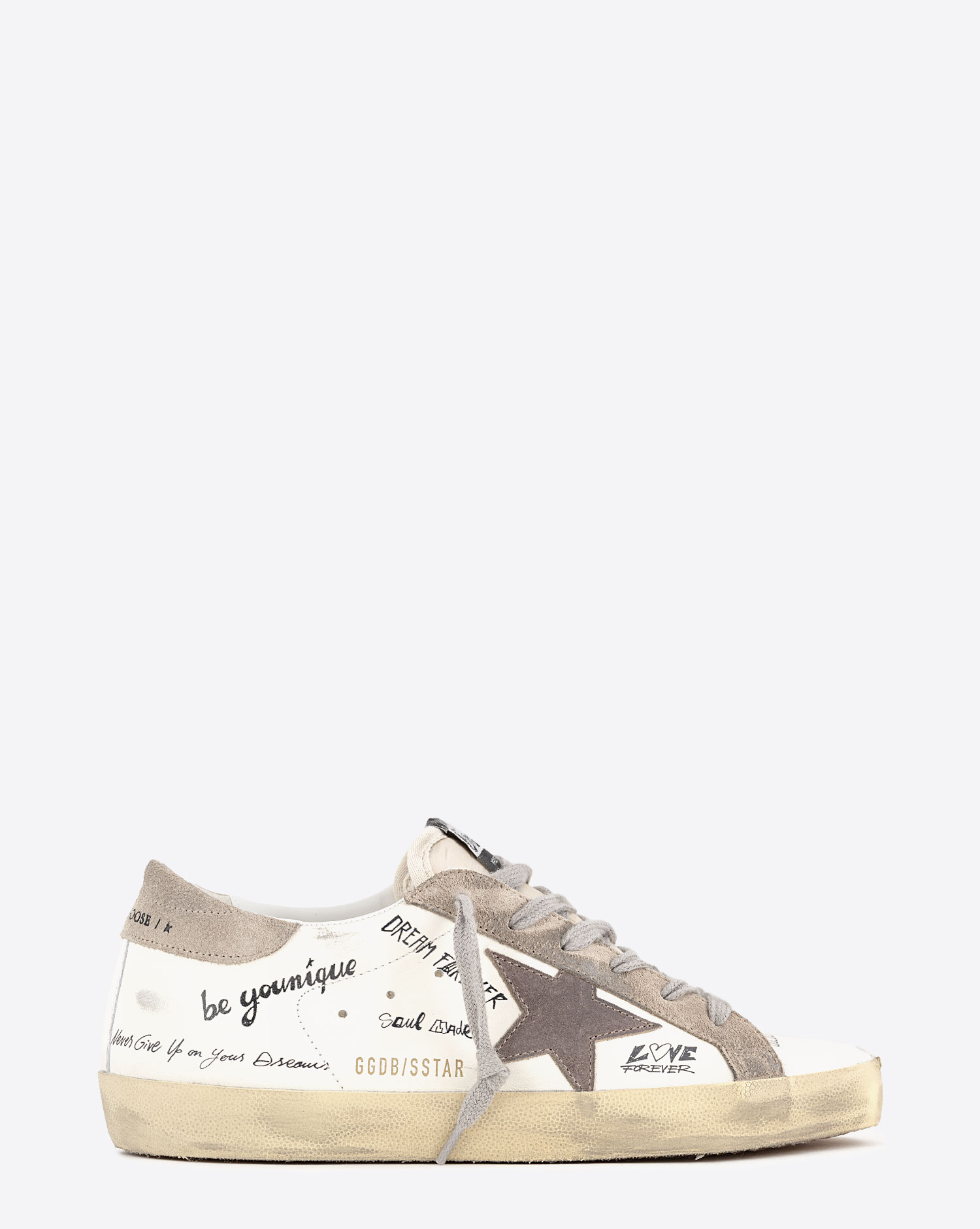 Sneakers Superstar Golden Goose en cuir Blanc Taupe Graphiti. Vue profil. 