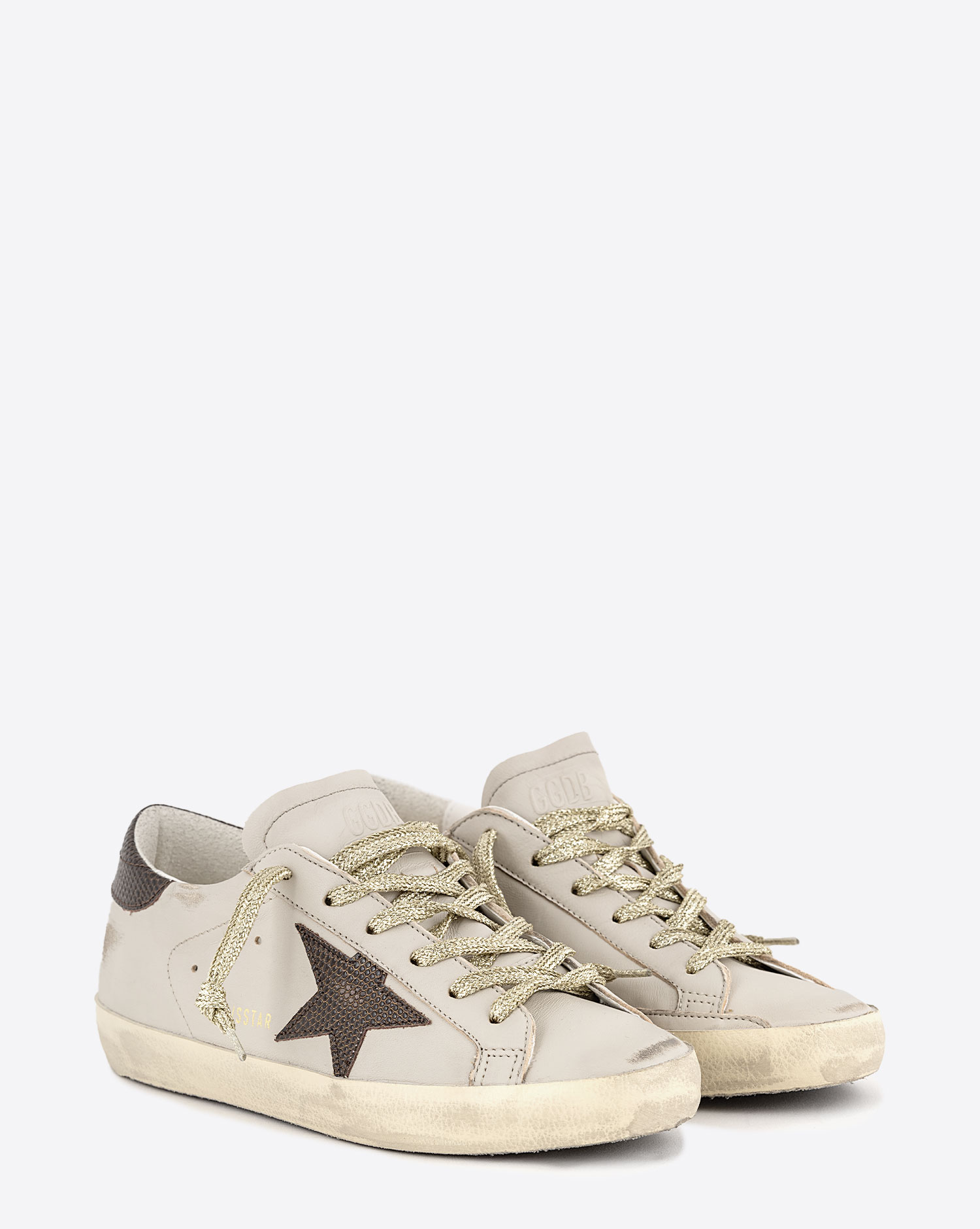 Sneakers Superstar Golden Goose en cuir Gris Marron Or. Vue face. 