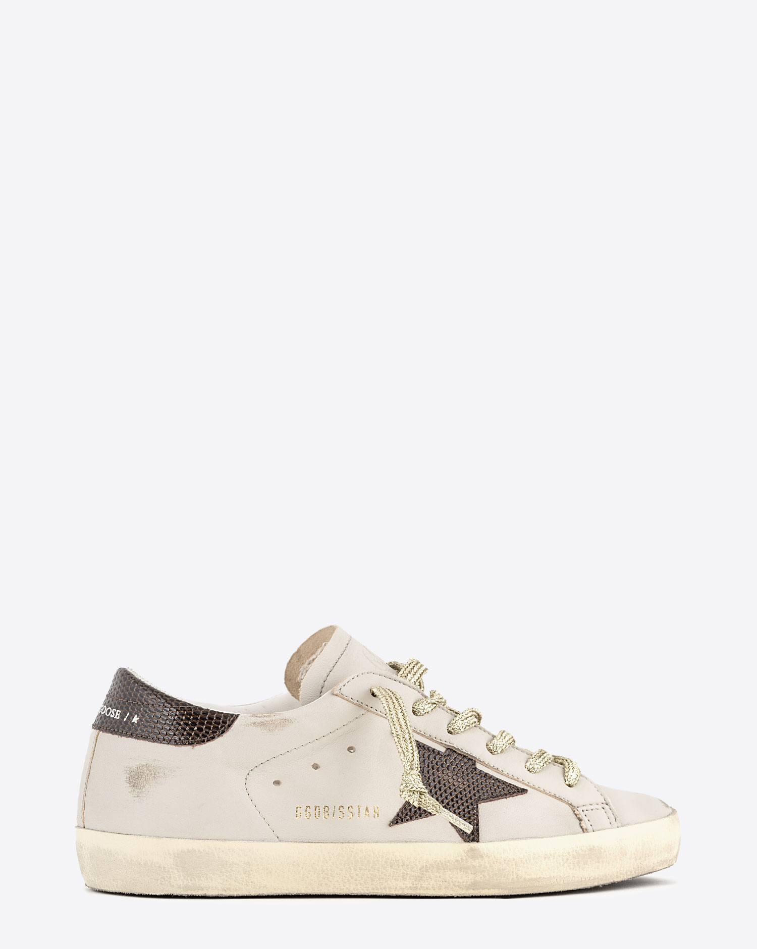 Sneakers Superstar Golden Goose en cuir Gris Marron Or. Vue profil. 