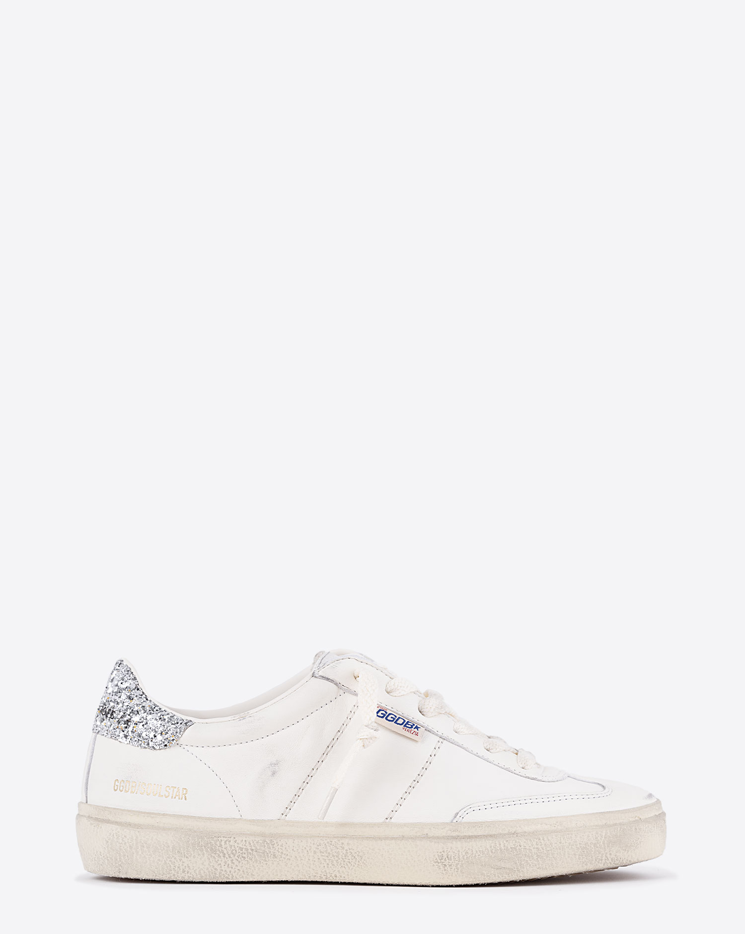 Sneakers Soul Star Golden Goose pour femme en cuir blanc et paillettes. Vue profil. 