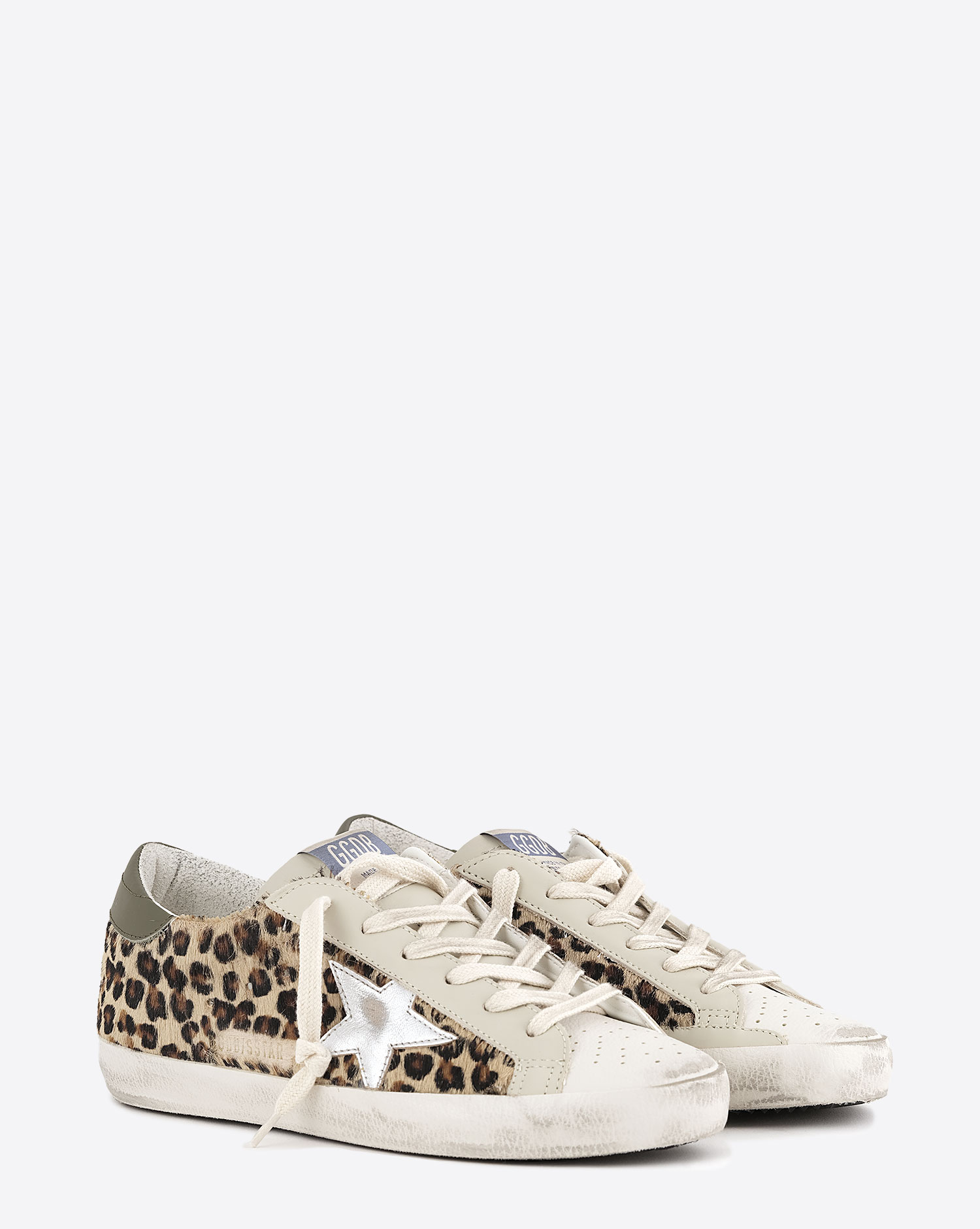 Sneakers Superstar Golden Goose en cuir pony Léo Olive Argent. Vue face