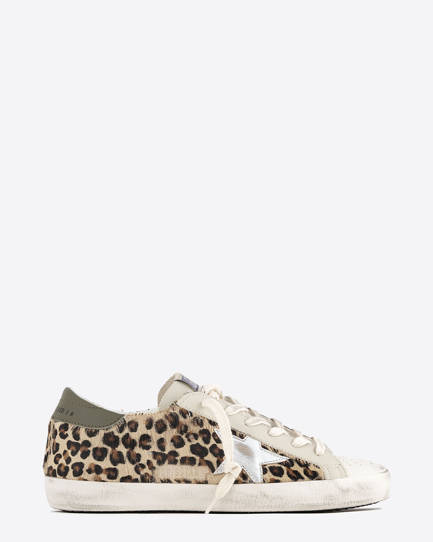 Sneakers Superstar Golden Goose en cuir pony Léo Olive Argent. Vue profil. 