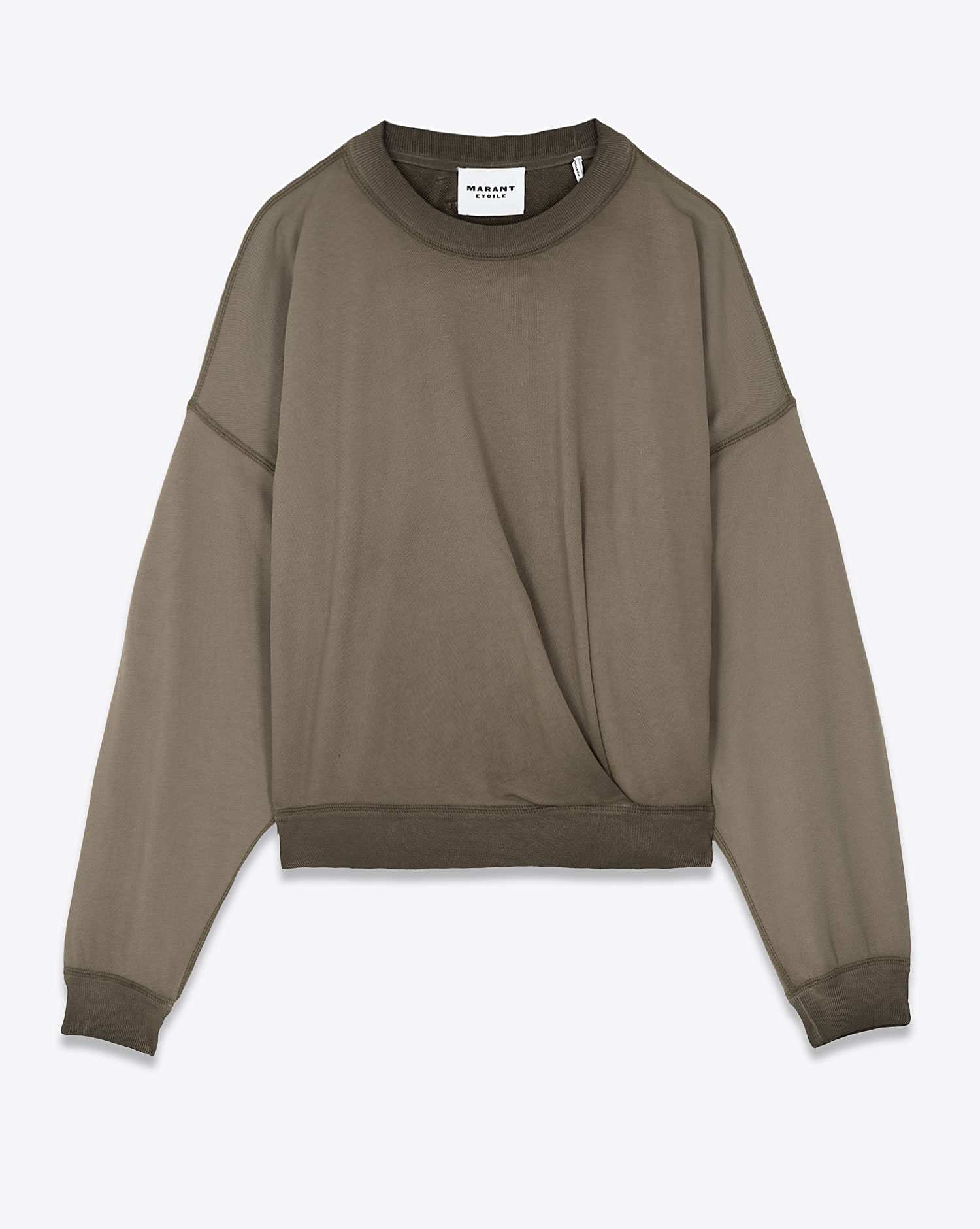 Sweatshirt manches longues chauve-souris col rond dégagé plis devant et arrière kaki délavé Paulia Isabel Marant Etoile. Face. 