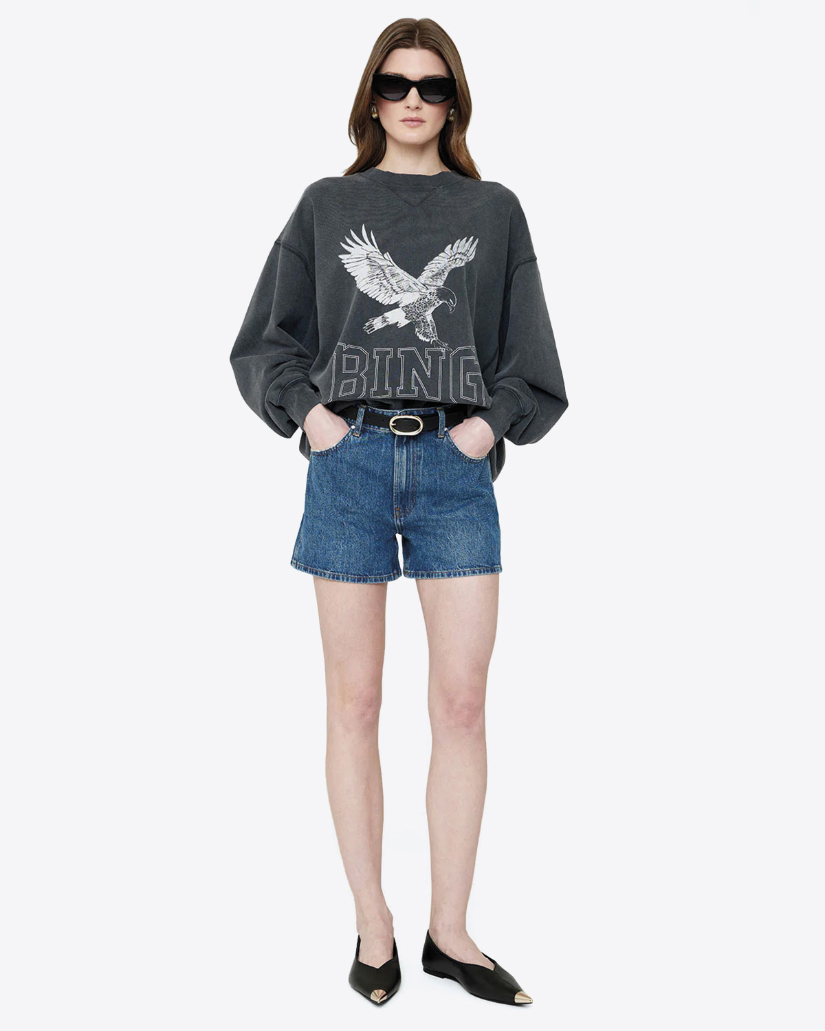 Anine Bing Sweatshirt Alto Retro Eagle Noir Délavé