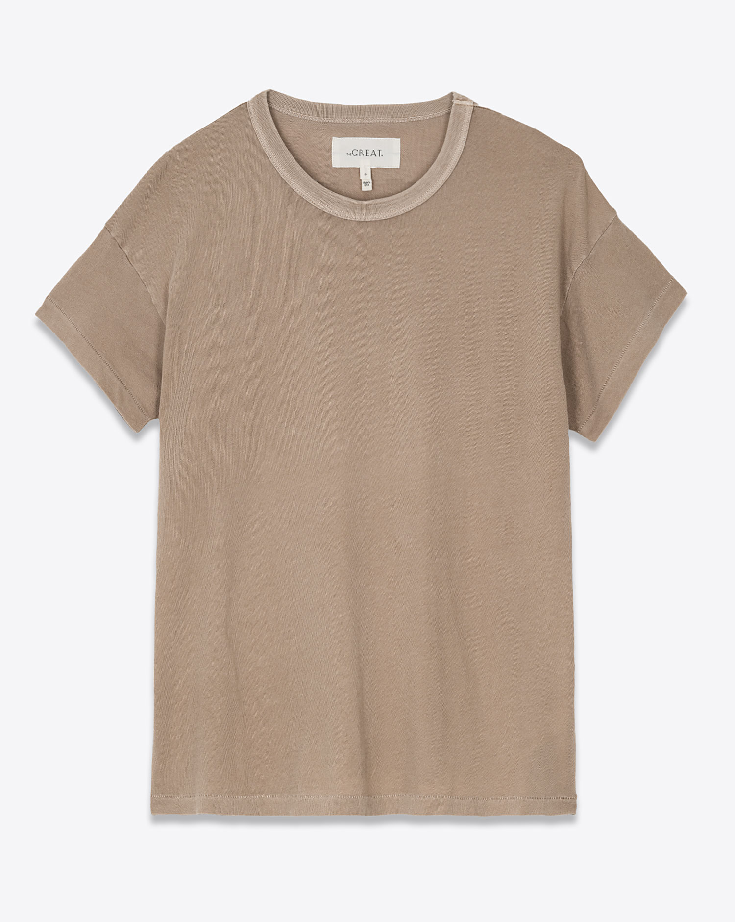 Tee-shirt col rond manches courtes en coton beige Boxy Crew The Great. Face.