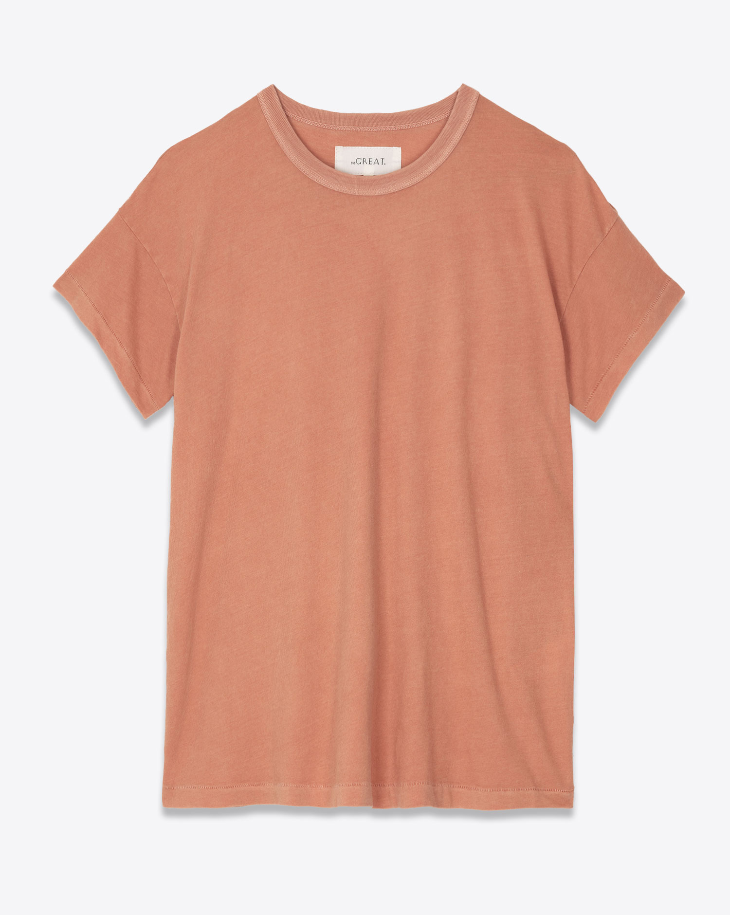 Tee-shirt droit manches courte en coton orange Boxy Crew The Great. Face.