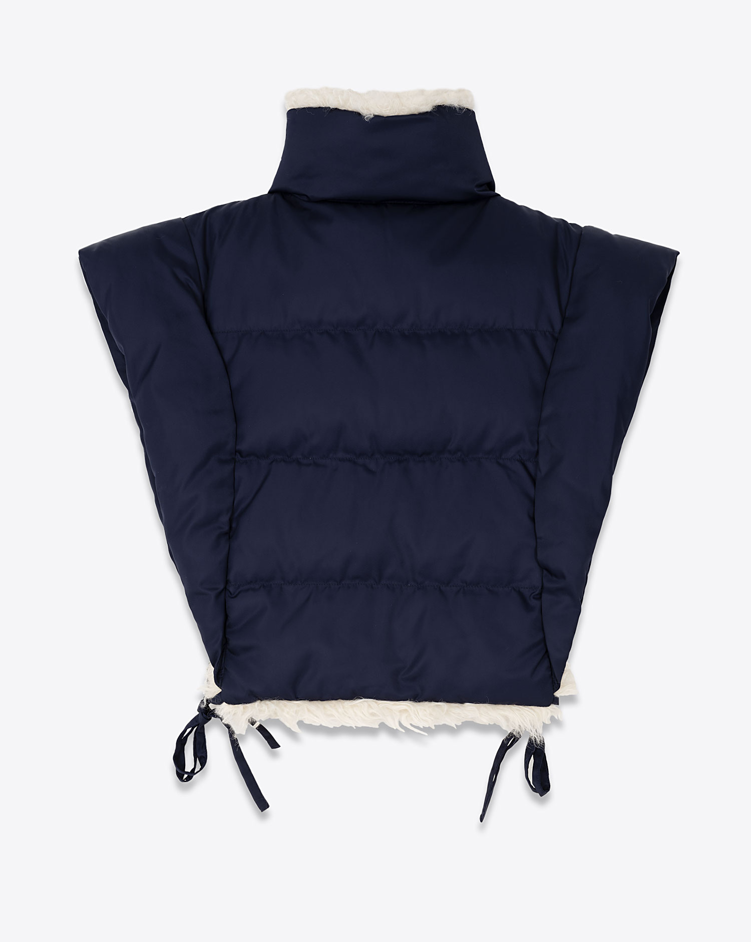 Gilet sans manches réversible en nylon bleu nuit et fausse fourrure écru Hoodali Isabel Marant Etoile. Dos côté nylon bleu nuit.