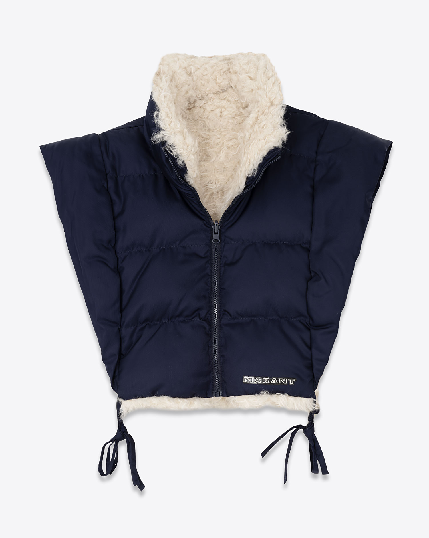 Gilet sans manches réversible en nylon bleu nuit et fausse fourrure écru Hoodali Isabel Marant Etoile. Face côté nylon bleu nuit.