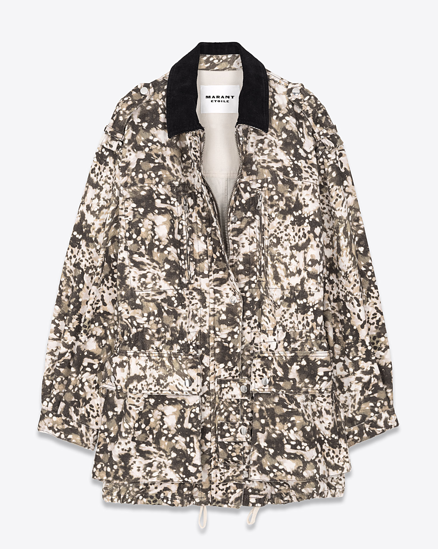 Veste saharienne en toile imprimé camouflage écru kaki Joanna Isabel Marant Etoile. Face.